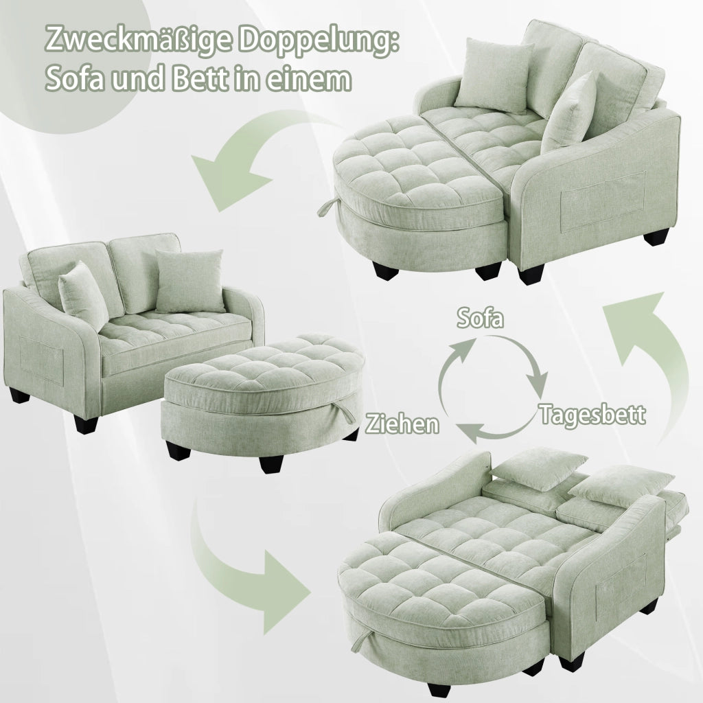 Divano letto convertibile con pouf contenitore; tessuto traspirante; eucalipto ciano 132 Ã— 129 Ã— 93 cm