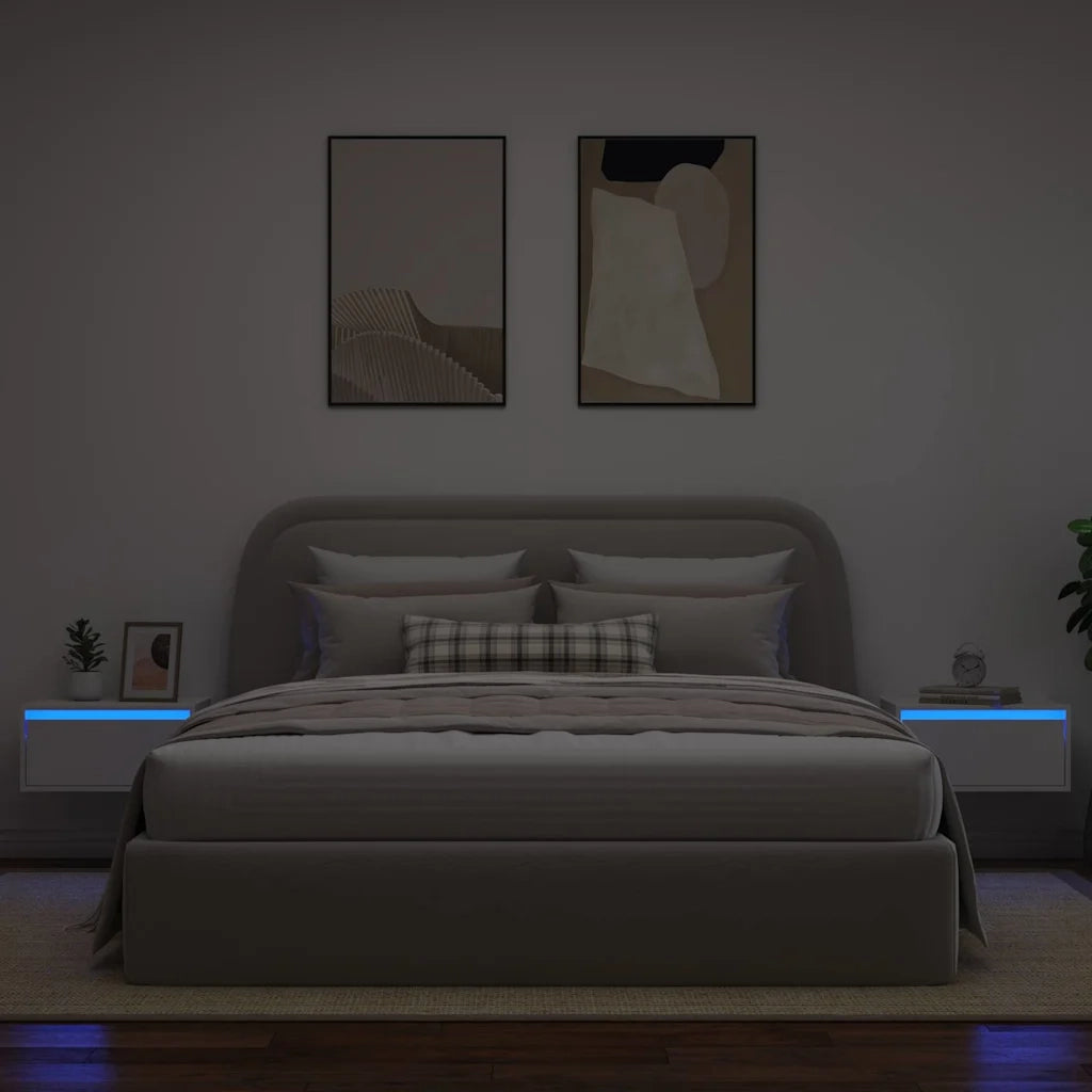 Comodini a Parete con Luci LED 2 pz Bianchi