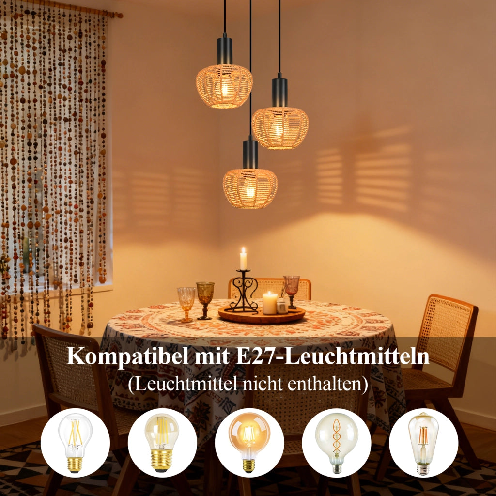 Lampada a sospensione ZMH vintage E27 a 3 luci nera (lampadine non incluse)