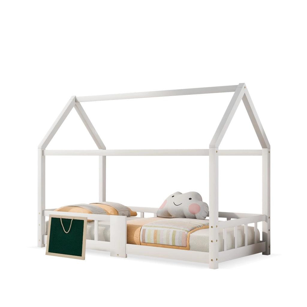 OKWISH Letto a Casetta 90×200 cm, Letto Singolo con Sponde di Sicurezza, Lavagna e 15 Doghe, senza Materasso, Bianco