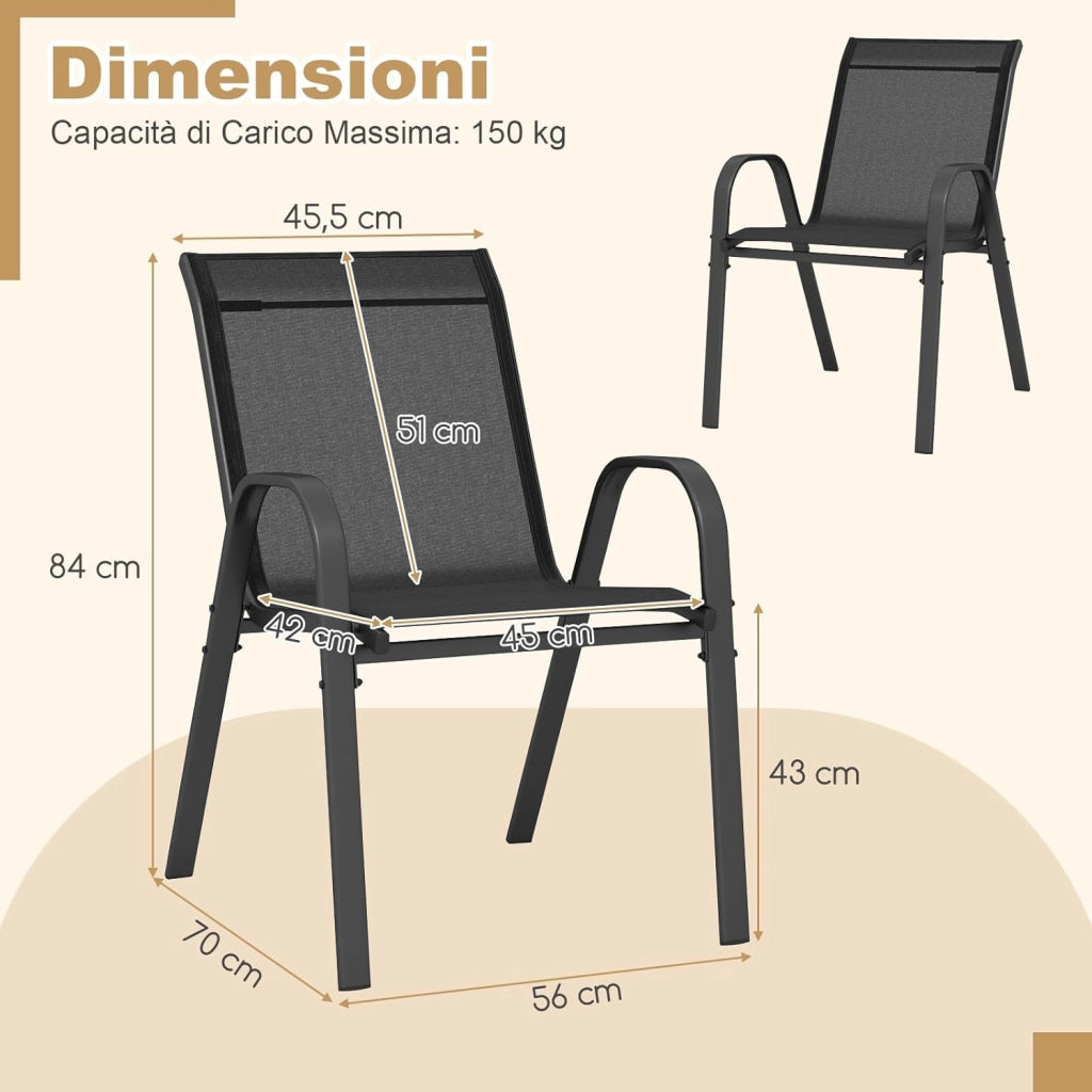 Set di 4 Sedie da Giardino, Poltrone in Tessuto Textilene per Esterno, Sedie Impilabili con Gambe in Metallo, Portata 150 kg, 56 x 70 x 84 cm (Nero,4)