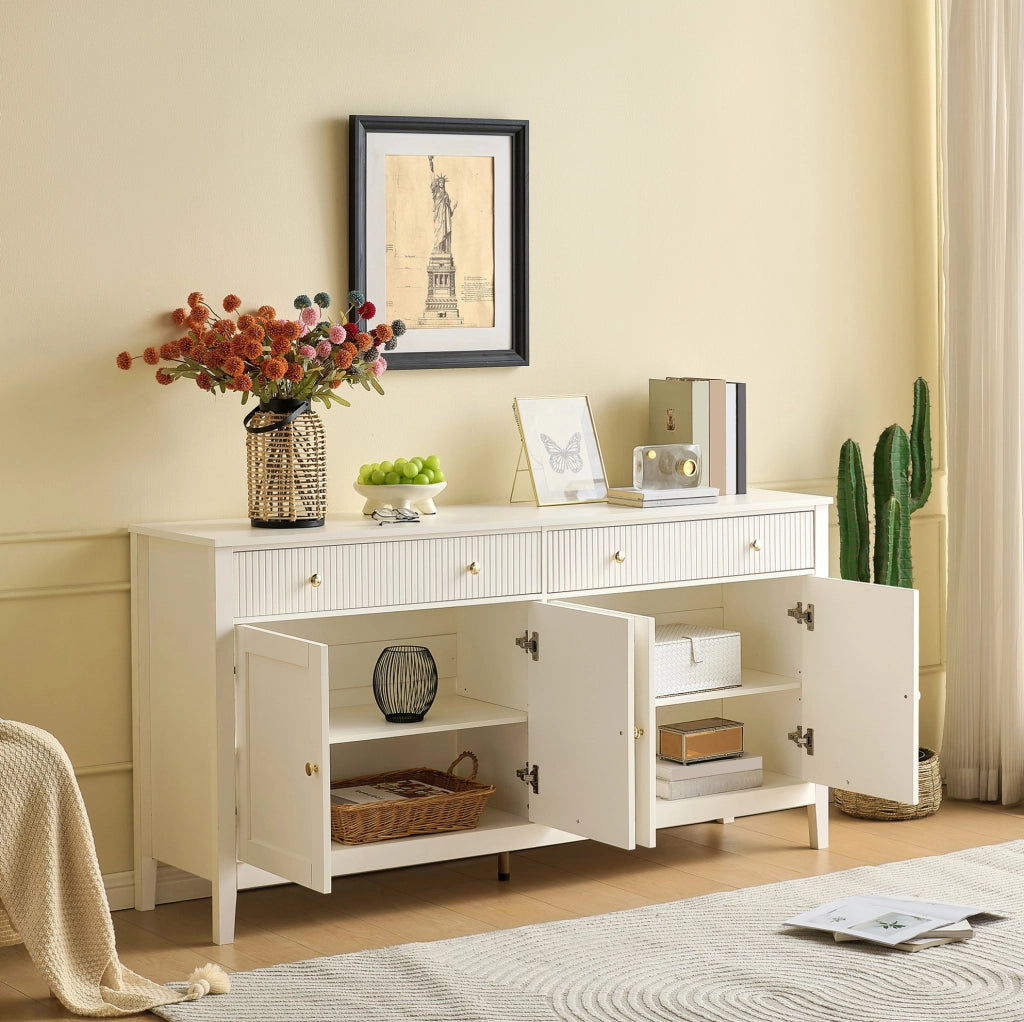 Credenza bianca con 2 cassetti e 4 ante; 160x40x82 cm; MDF; maniglie dorate