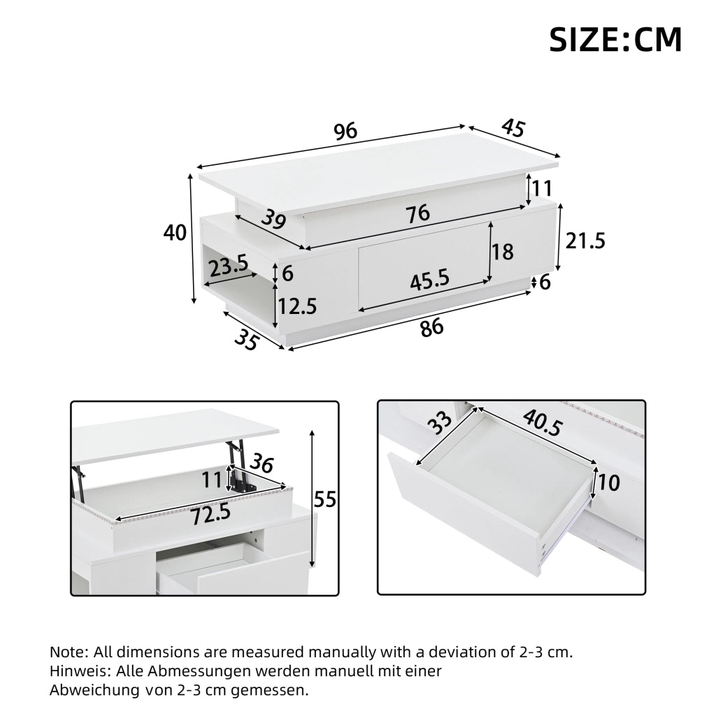 Tavolino Da Salotto Reclinabile con 1 Cassetto e Vano Nascosto; LED USB; Bianco Lucido; Stile Moderno; 96×45×40 cm; Bianco