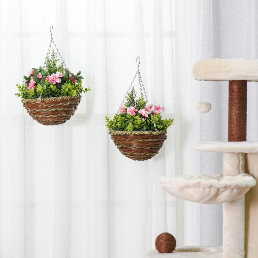Set 2 Piante Finte di Lisianthus con Vaso e Gancio, Piante Artificiali in PE e Vimini, ?25x34 cm, Verde e Rosa