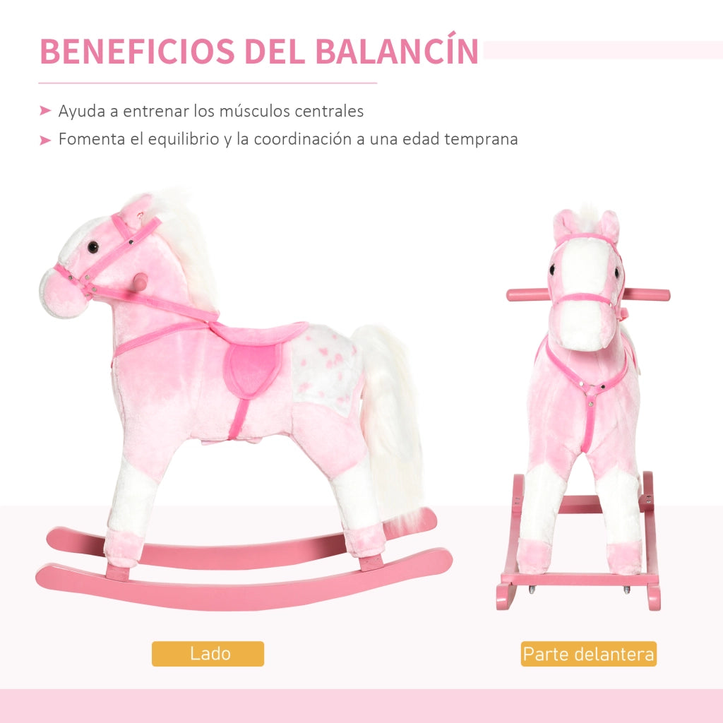 Cavallo a Dondolo Morbido per Bambini 3-6 Anni con Suono ¨C Minimal ¨C 74x28x65 cm Rosa