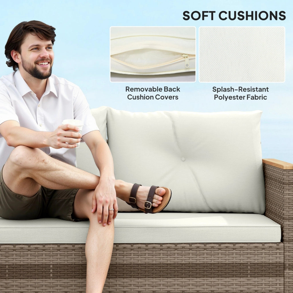 Set Salotto da Giardino Divano 2 Posti con Chaise Longue e Tavolino  in Rattan PE Crema