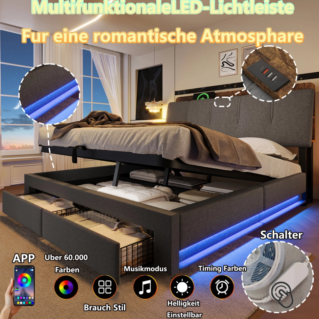 LETTO Contenitore 140x200 cm Grigio in lino con USB e Type-C