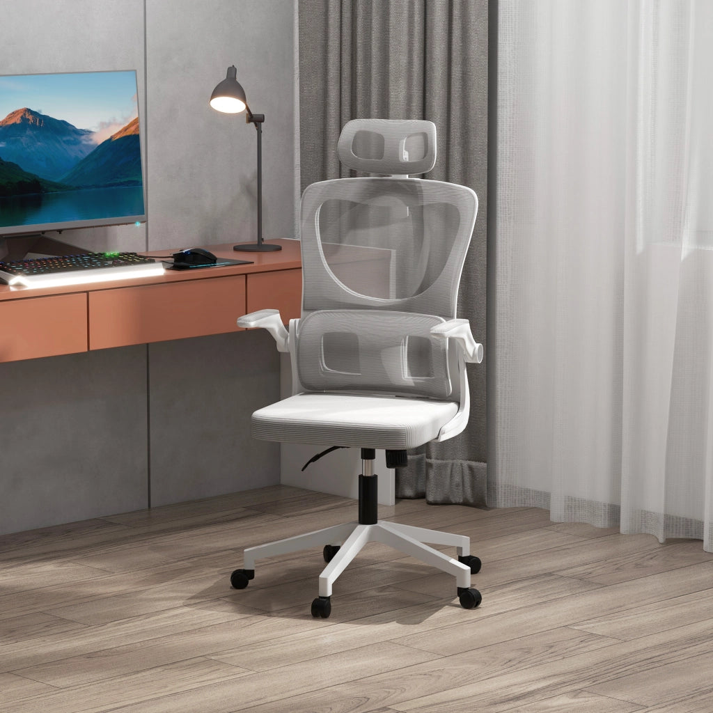 Sedia da Ufficio Ergonomica ad Altezza Regolabile con Poggiatesta. 60x59x114-122 cm. Grigio