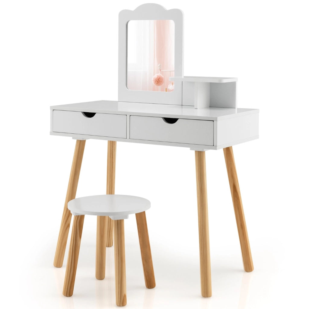 Postazione trucco per bambina 2 in 1-Toeletta e sgabello in legno con specchio rettangolare 2 cassetti Bianco