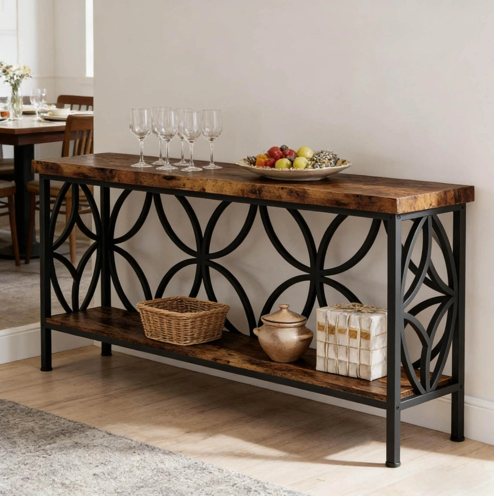 Tavolo consolle industriale 160x29,5x80 cm con ripiani aperti