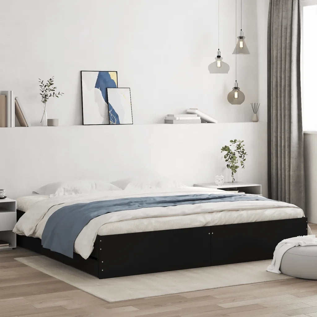 Letto matrimoniale | Letto per adulti | Giroletto con Cassetti Nero 180x200 cm in Legno Multistrato