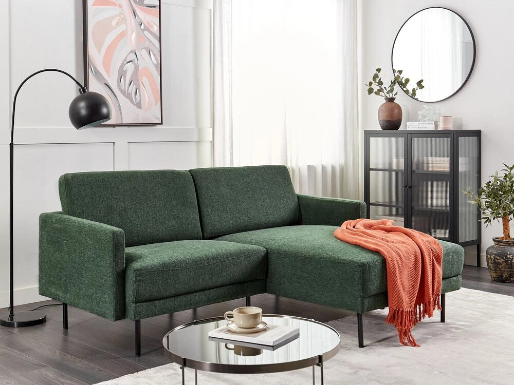 Divano angolare sinistro in poliestere verde scuro 192 x 155 Divano a 2 posti imbottito con gambe in metallo, tessuto e schienale imbottito, moderno e minimalista