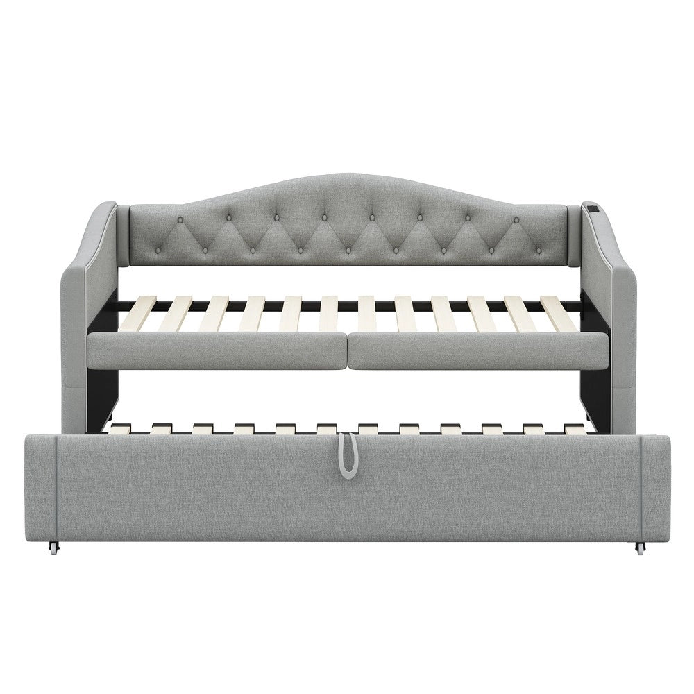 Letto Imbottito Singolo Estraibile con Rete a Doghe ¨C MINIMAL ¨C Tessuto Lino Grigio 90x200