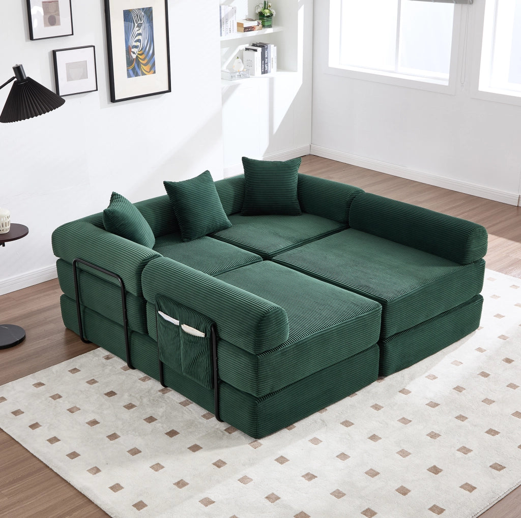 Divano modulare 270x180x64 cm trasformabile in letto; con tasca laterale; corduroy smeraldo
