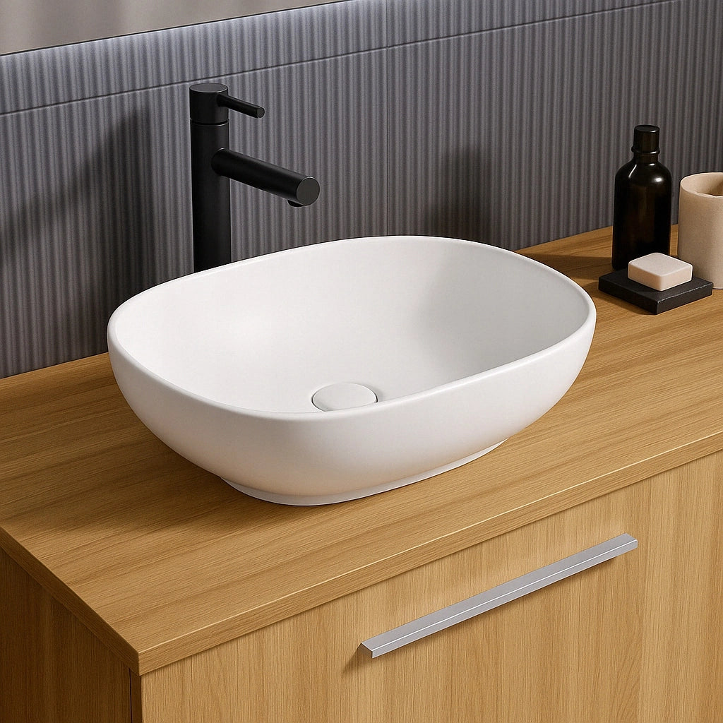 Lavabo da appoggio in ceramica bianco ovale grande lucido 49 x 35 cm