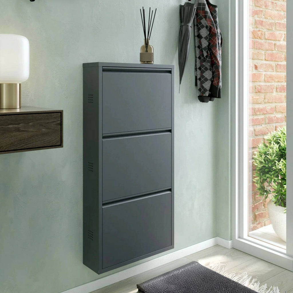 Scarpiera Alexa, Mobile portascarpe in metallo, Armadio da ingresso multiuso, Mobiletto per calzature, 50x15h104 cm, Nero
