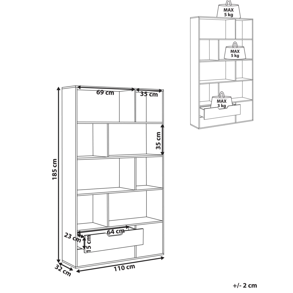 Libreria a 5 ripiani in legno chiaro con 2 cassetti bianco stile moderno