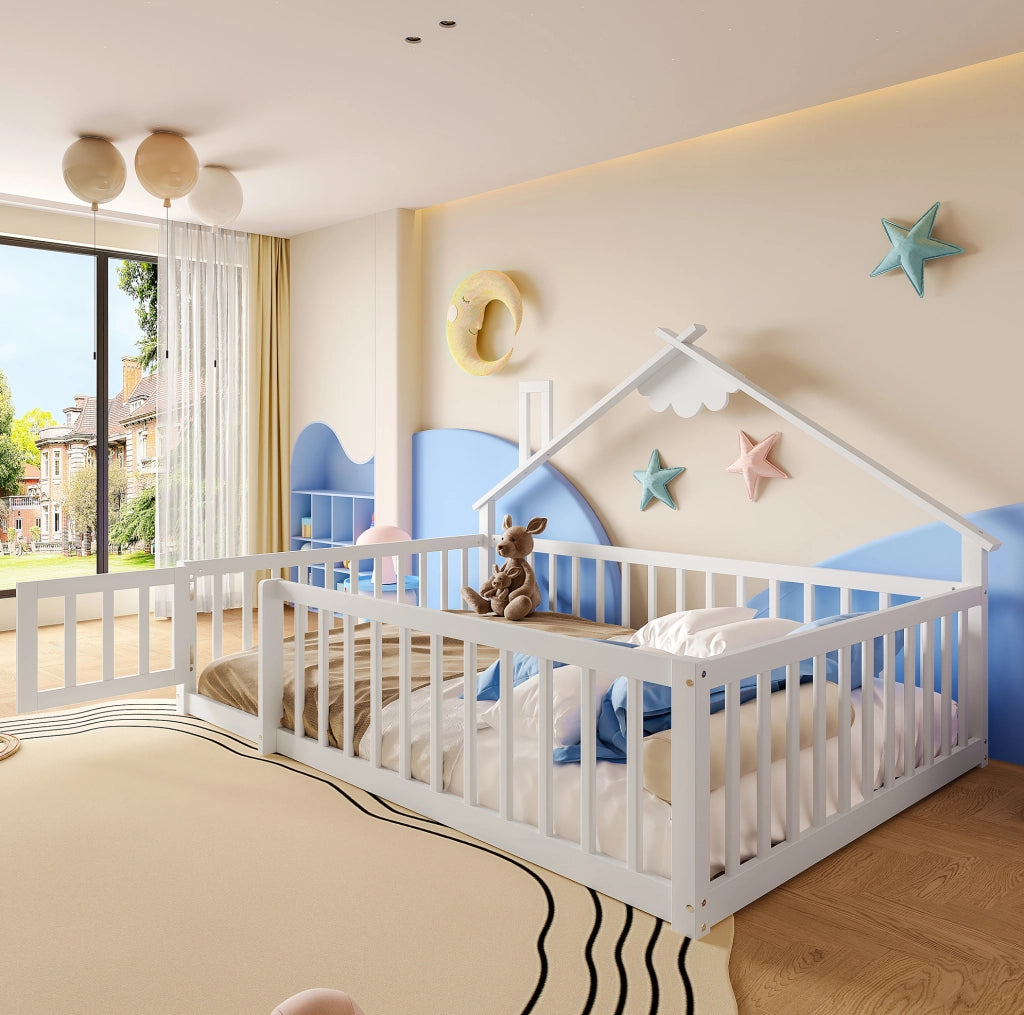 Letto per bambini 140x190 cm con spondino e serratura in pino e MDF bianco