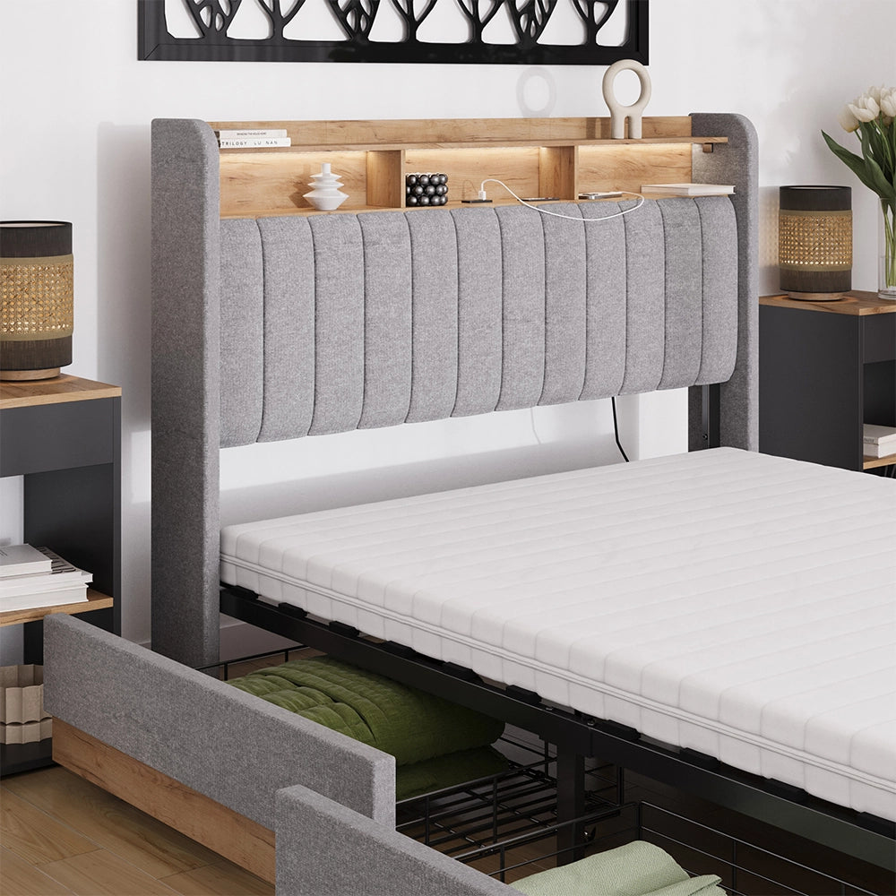 Vitalispa Letto imbottito Grigio/quercia 140x200 cm con 4 cassetti