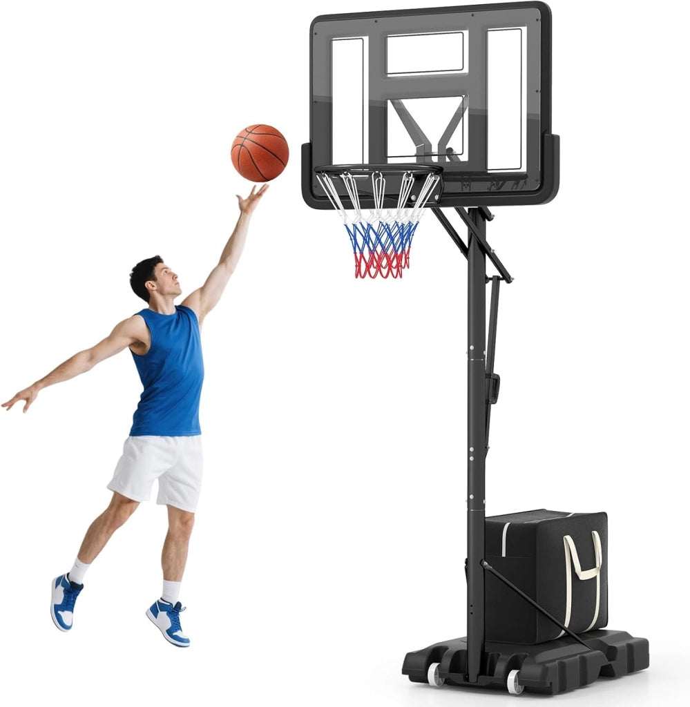 Canestro da Basket da Esterno, Canestro Basket Portatile e Regolabile in Altezza da 1,5 a 3 M con Tabellone in PC da 111 cm, Base Riempibile, Borsa per Pesi e Ruote