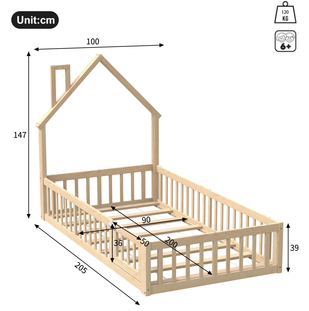 Letto per bambini 90x200 cm con rete a doghe; barriera di sicurezza; pino e MDF; naturale
