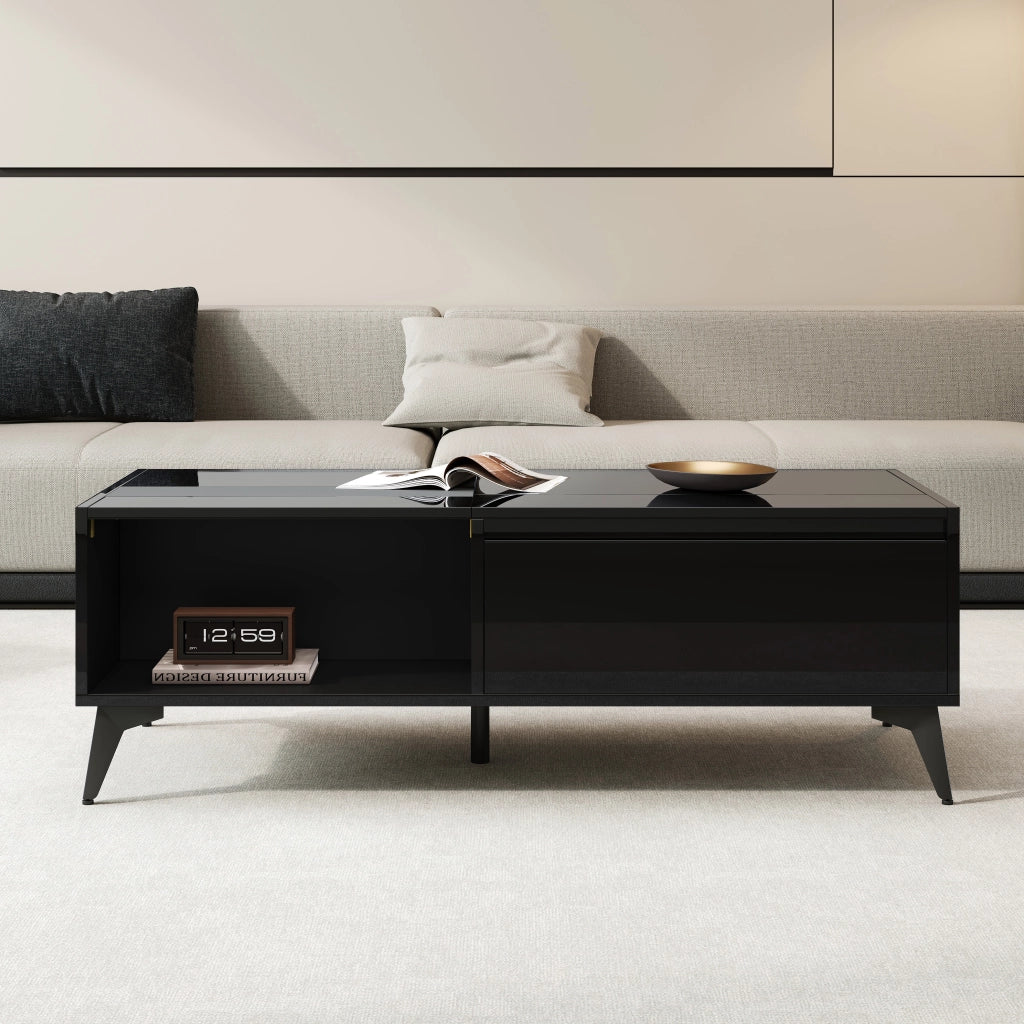 OKWISH Tavolino da Salotto con Piano Sollevabile, Vano Contenitore e Ripiani Aperti, Finitura Lucida, Nero, 110 x 50 x 48 cm