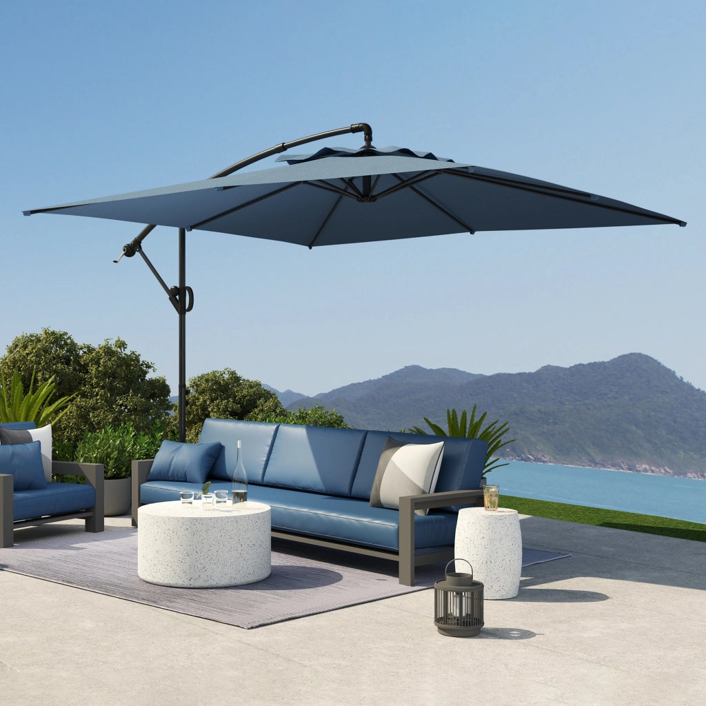 Ombrellone Decentrato da Giardino 300x325 cm Regolabile a 360° in Poliestere UV UPF 50+ Blu Chiaro