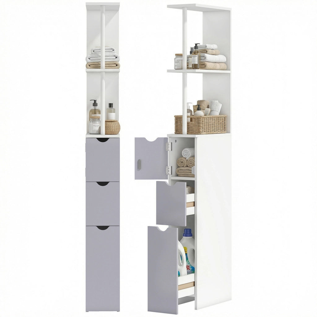 Colonna Bagno Moderna con 2 Ripiani 2 Cassetti e Anta ¨C zephmum ¨C Bianco 15x33x136,8 cm
