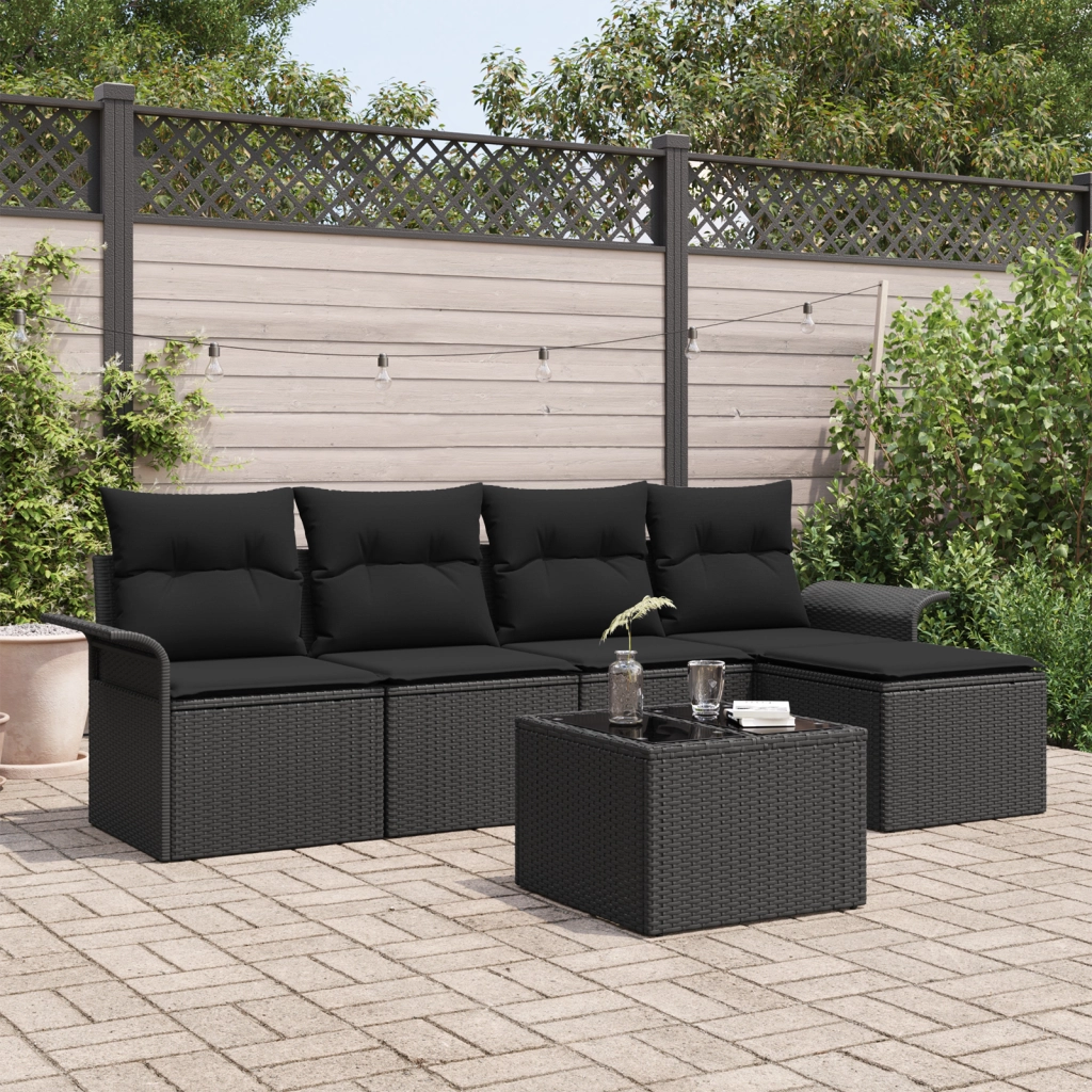 Set Divano da Giardino 6 Pezzi con Cuscini in Polyrattan Nero