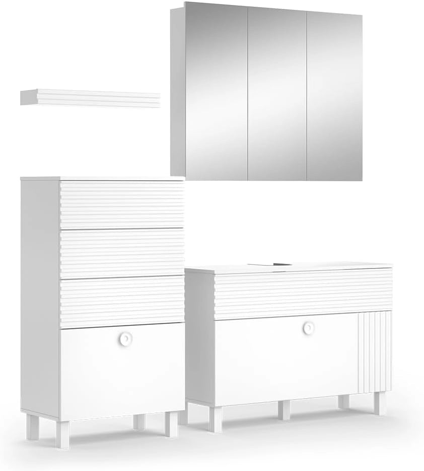 Set di mobili da bagno Sola, Bianco, 100 cm, composto da specchio da bagno e mobile sottolavabo
