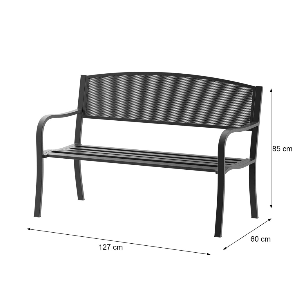 Panchina Da Giardino In Acciaio Panca Da Esterno Elegante 2-3 Posti Con Schienale Traforato E Braccioli Resistente Alle Intemperie Per Terrazzo Patio E Giardino 127 x 60 x 85 Cm Nero