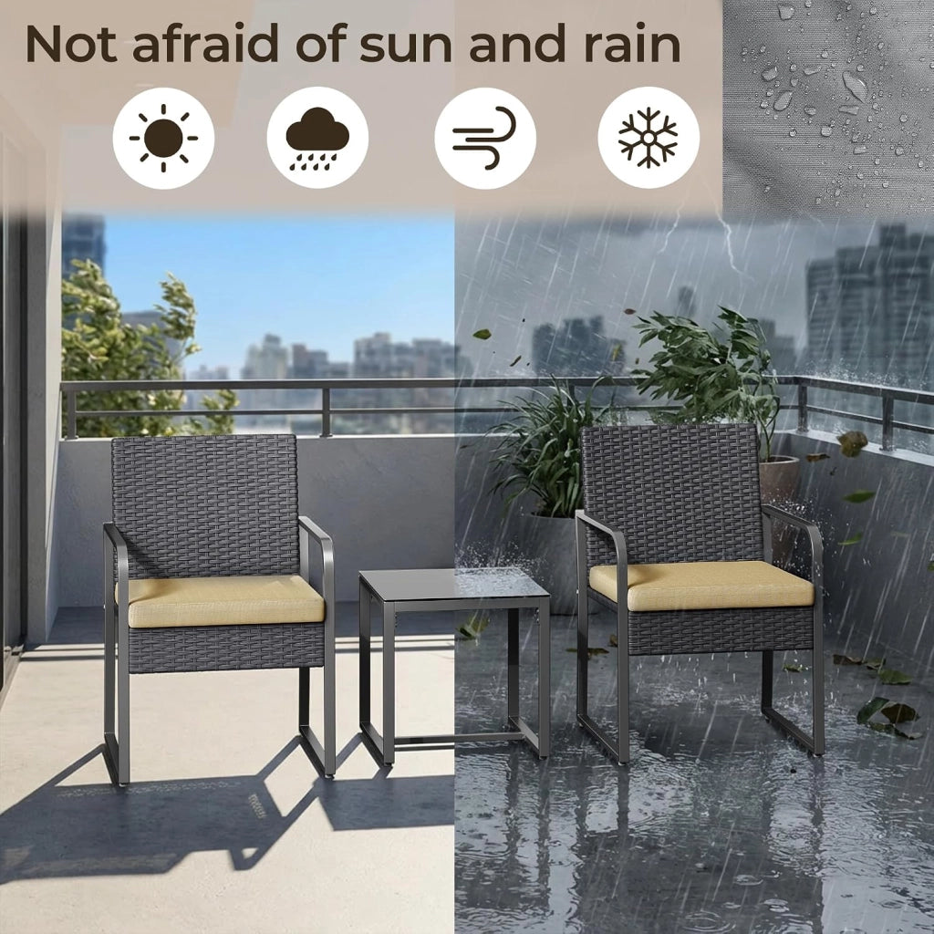Set Giardino in Rattan per 2 Persone, Mobili da Esterno in Vimini con Cuscini, Tavolino e 2 Sedie per Terrazza, Balcone, Giardino o Piscina (beige)
