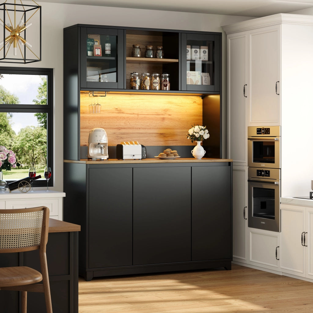 CREDENZA da Cucina 120x40x180 cm con LED e Ante in Acrilico Nera MDF Metallo
