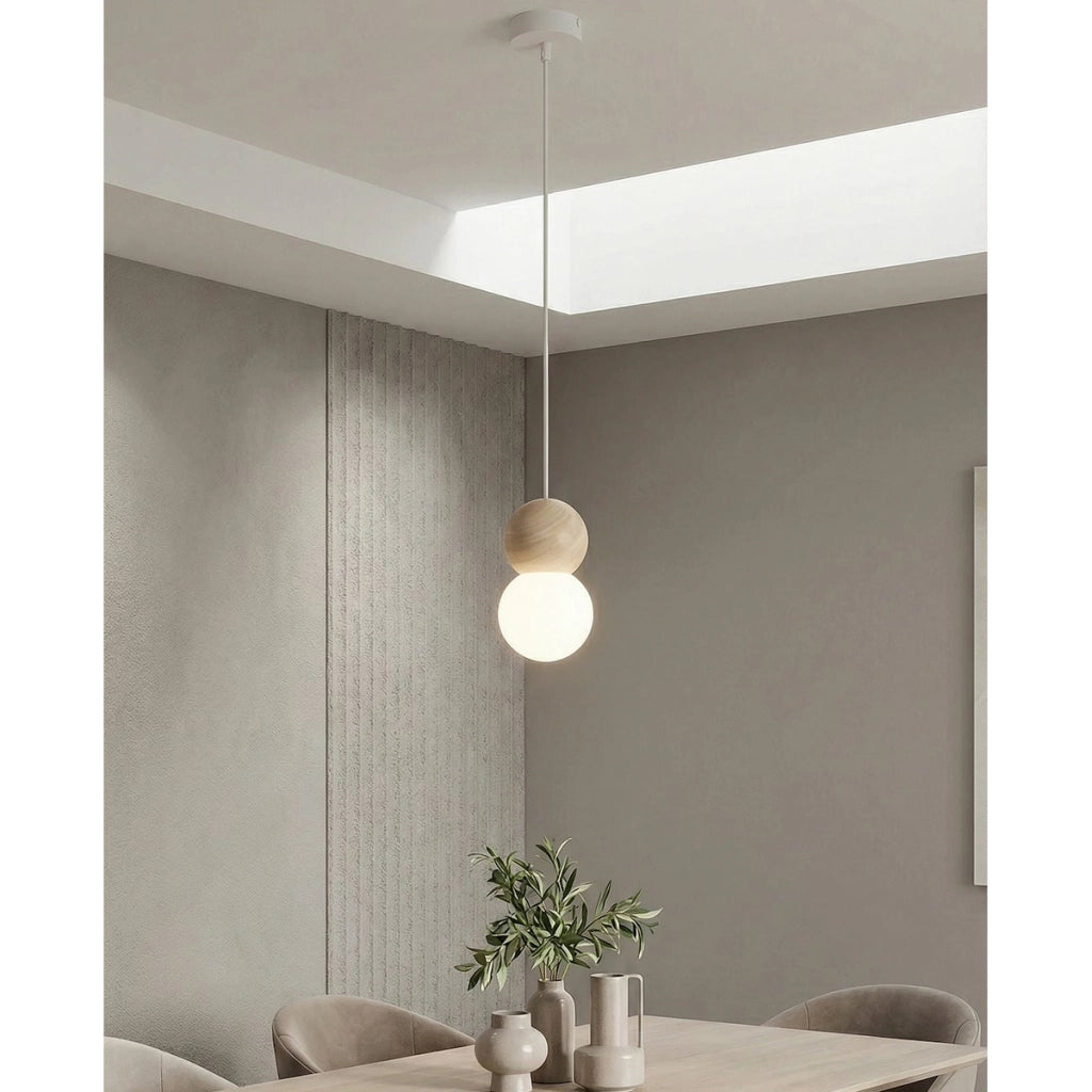 Lampada a sospensione LOOP in acciaio bianco opaco e legno