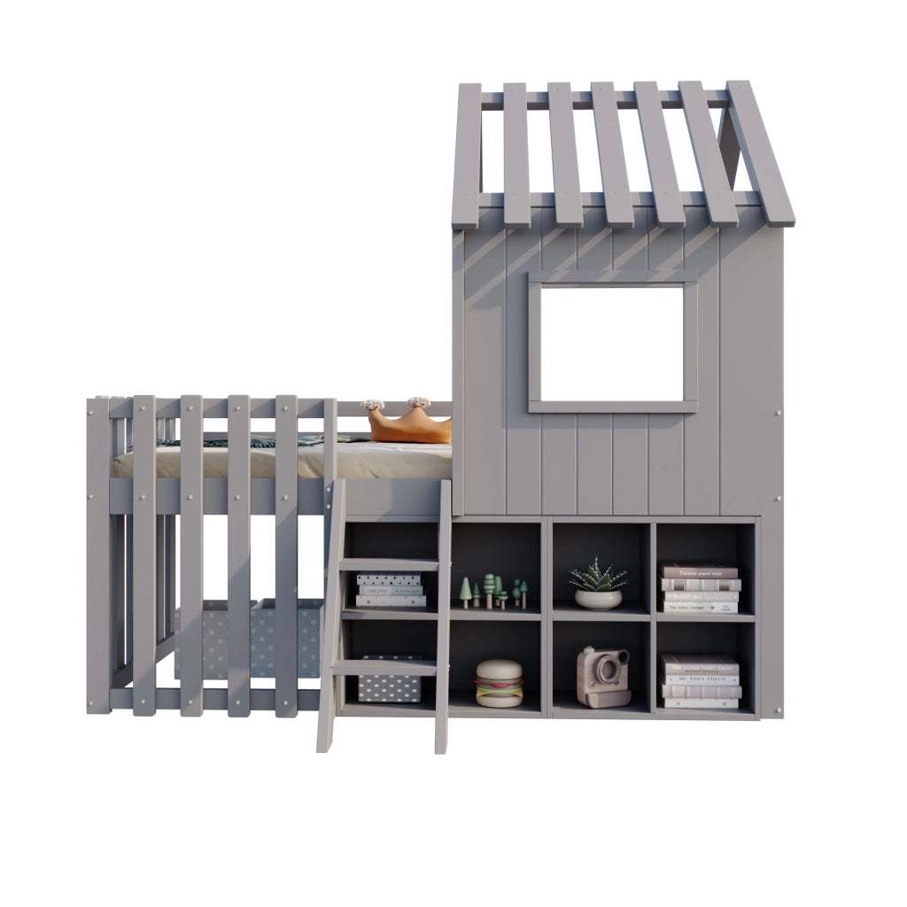 Letto a Casetta 90x200 cm; 1 Posto; con Tetto e Finestre; con Spazio Contenitore; Grigio
