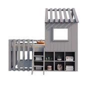 Letto a Casetta 90x200 cm; 1 Posto; con Tetto e Finestre; con Spazio Contenitore; Grigio