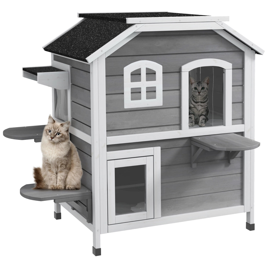 Casetta per Gatti in Legno 2 Piani ¨C zephmum ¨C Grigio 99.5x76x91 cm