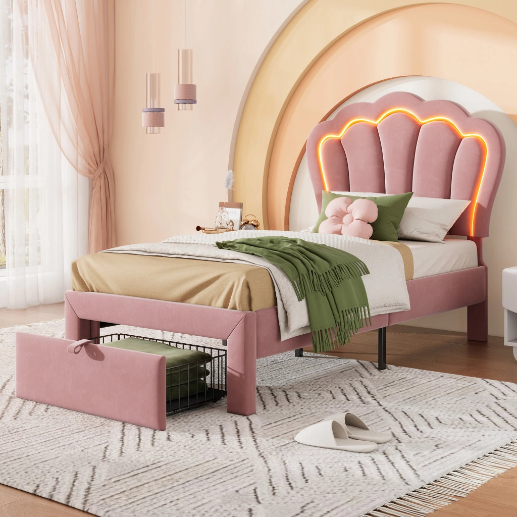 Letto singolo 90x200 cm in velluto rosa con LED RGB, cassetto e testiera regolabile