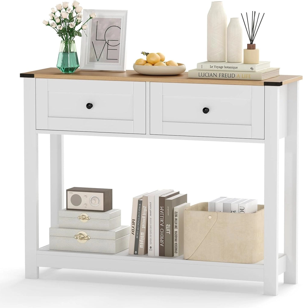 Tavolo Consolle Bianco 106 x 30 x 81,5 cm, Consolle Ingresso con 2 Cassetti e Ripiano Aperto, Tavolino Slim Salvaspazio Moderno per Soggiorno, Corridoio e Camera da Letto