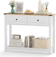 Tavolo Consolle Bianco 106 x 30 x 81,5 cm, Consolle Ingresso con 2 Cassetti e Ripiano Aperto, Tavolino Slim Salvaspazio Moderno per Soggiorno, Corridoio e Camera da Letto