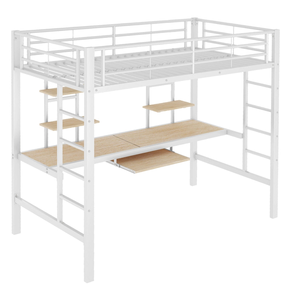 Letto a castello 90x200 con scrivania, scaffali e scala, bianco