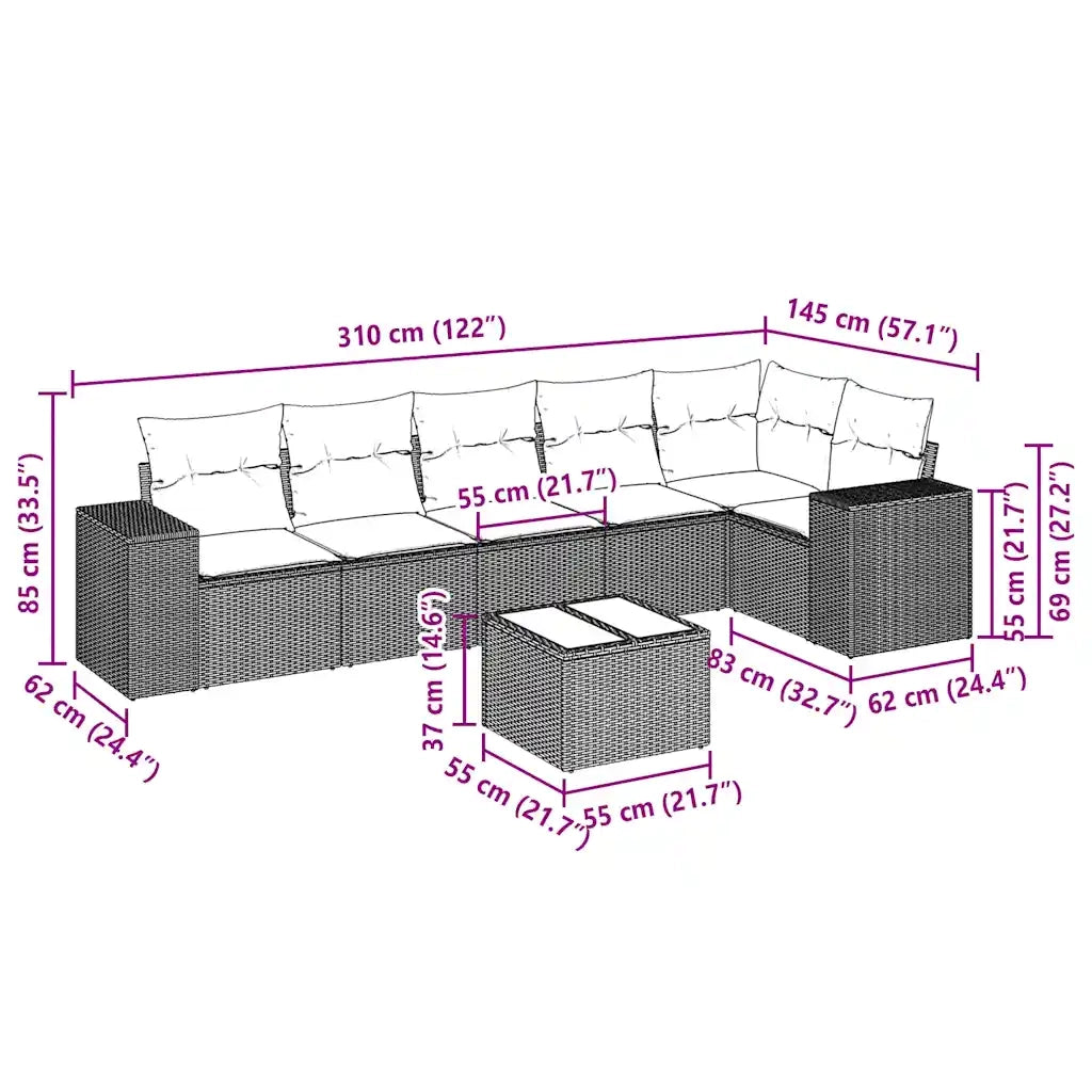 Set Divani da Giardino 7pz con Cuscini Grigio Chiaro Polyrattan