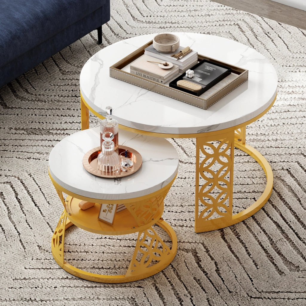 TAVOLINO DA CAFFÈ Set 2 Pezzi 70x70x45 cm Effetto Marmo Bianco con Struttura Color Oro