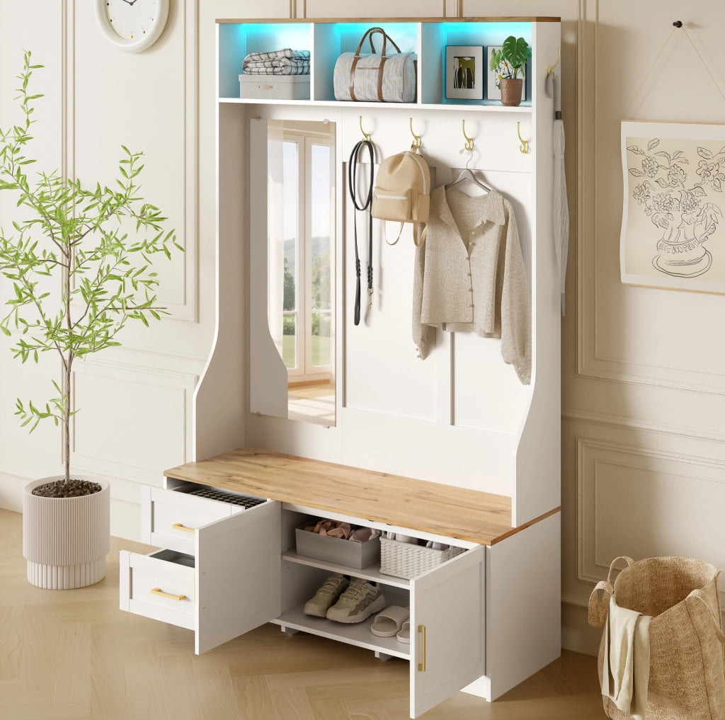 Mobile ingresso multifunzione con LED; specchio; ganci e cassetti; 120x40x187 cm; MDF
