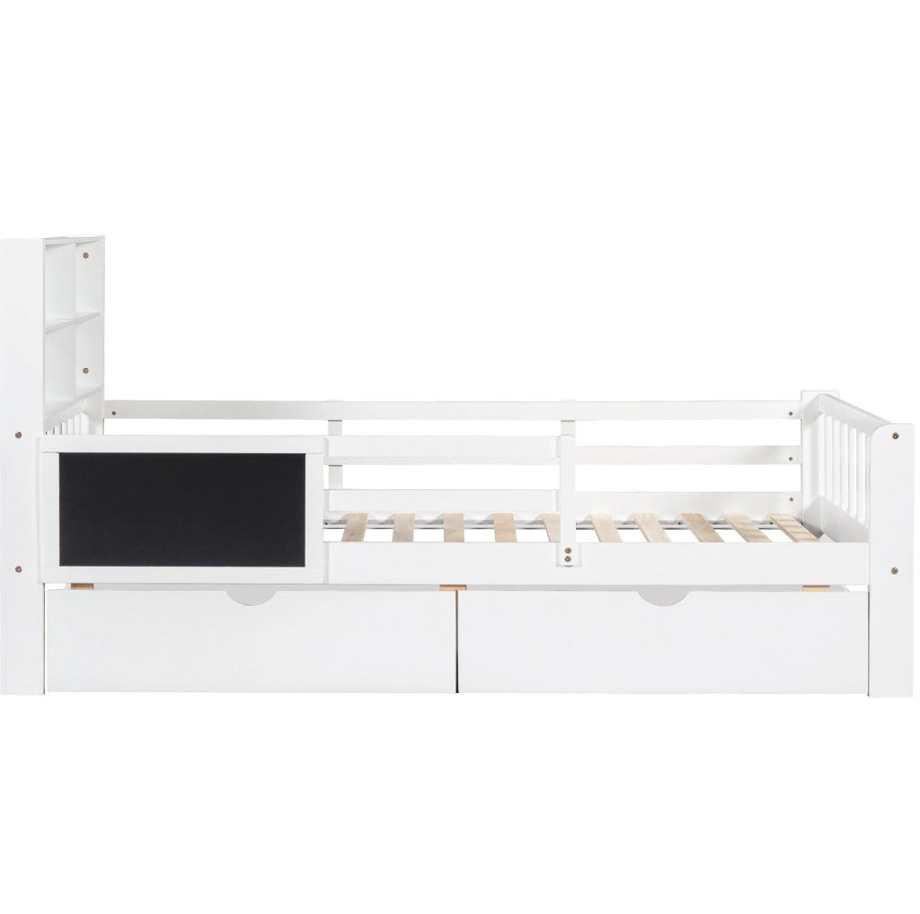 Letto per bambini 90x200 cm in legno massello e MDF; bianco; con lavagna e 2 cassetti