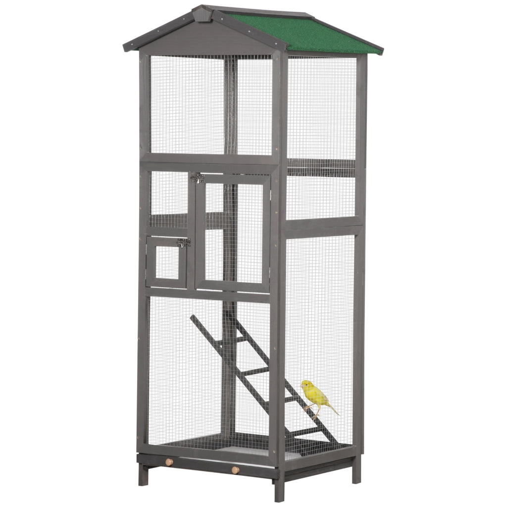 Gabbia per Uccelli Alta 165cm in Legno da Esterno con 2 Porte e Vassoio Estraibile, Grigio Chiaro