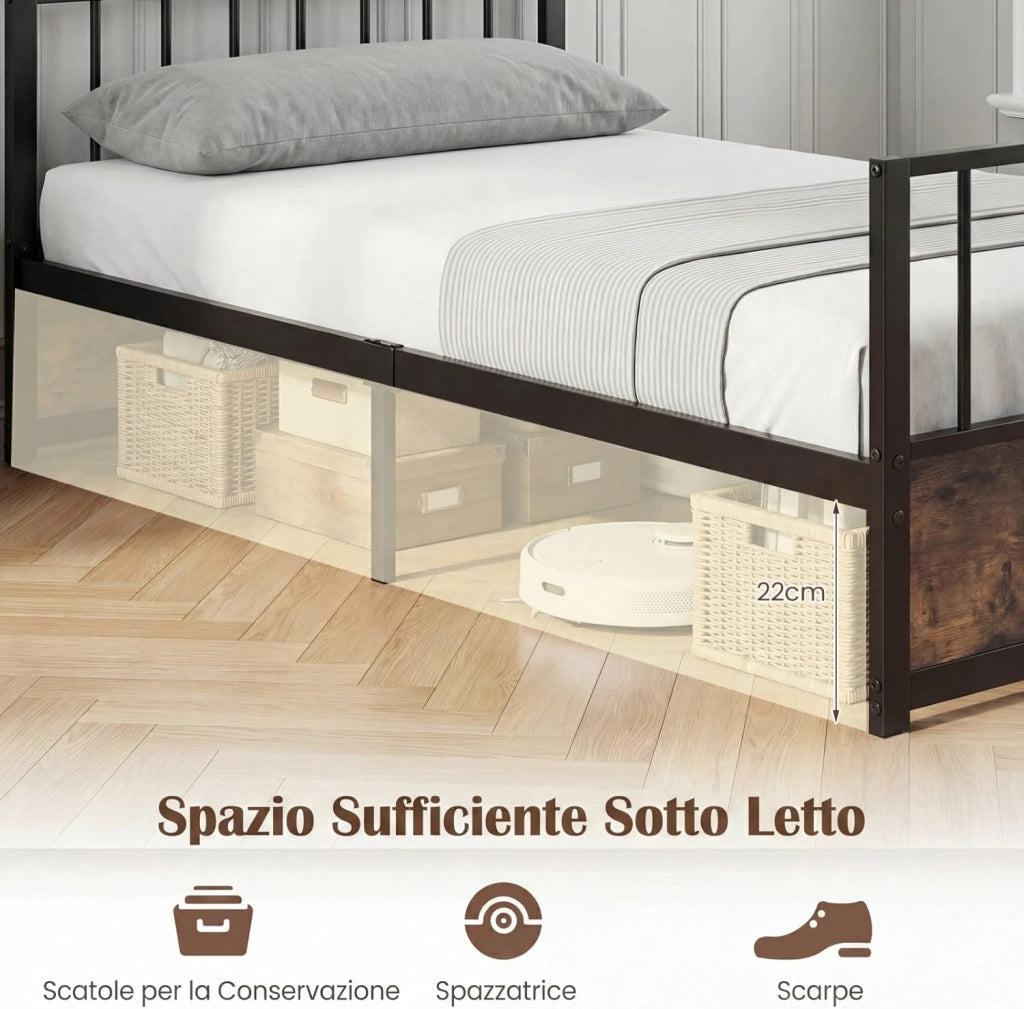 Letto Singolo 90x200 cm, Struttura Letto a Piattaforma Industriale con Testiera Pediera e 2 Cassetti, Doghe in Metallo, Silenzioso