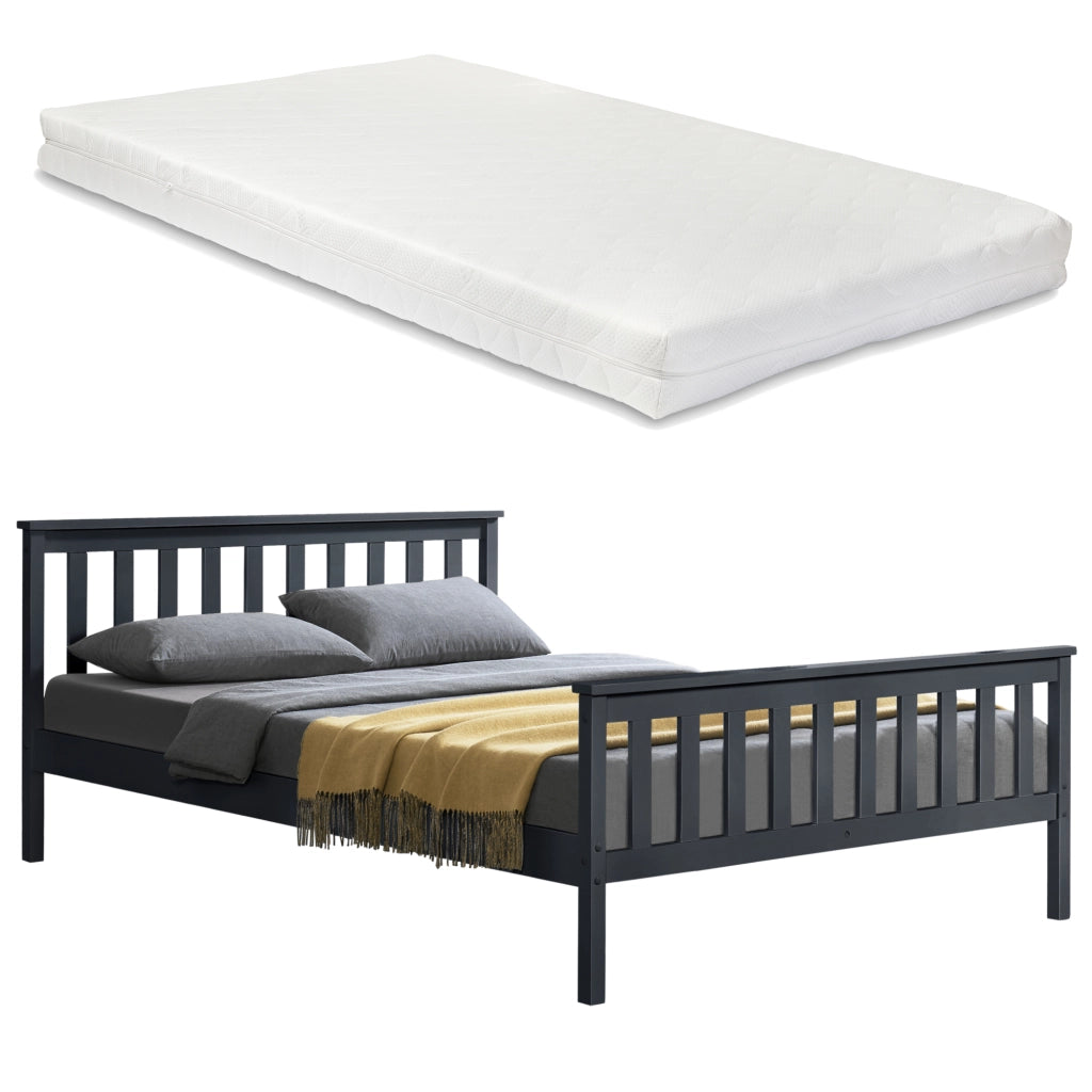 [en.casa] Letto in Legno di Pino con Pediera e Testiera Alta con Materasso a Schiuma Fredda 180 x 200 cm - Color Grigio Scuro