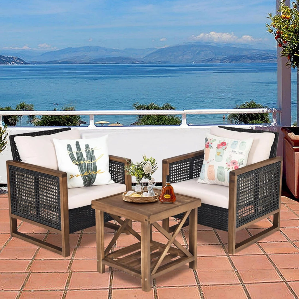 Set di 3 Pezzi di Mobili da Patio, 1 Tavolino in Legno di Acacia e 2 Sedie in Rattan PE, con Cuscini Lavabili, Set di Divani per Giardino Cortile Piscina Portico