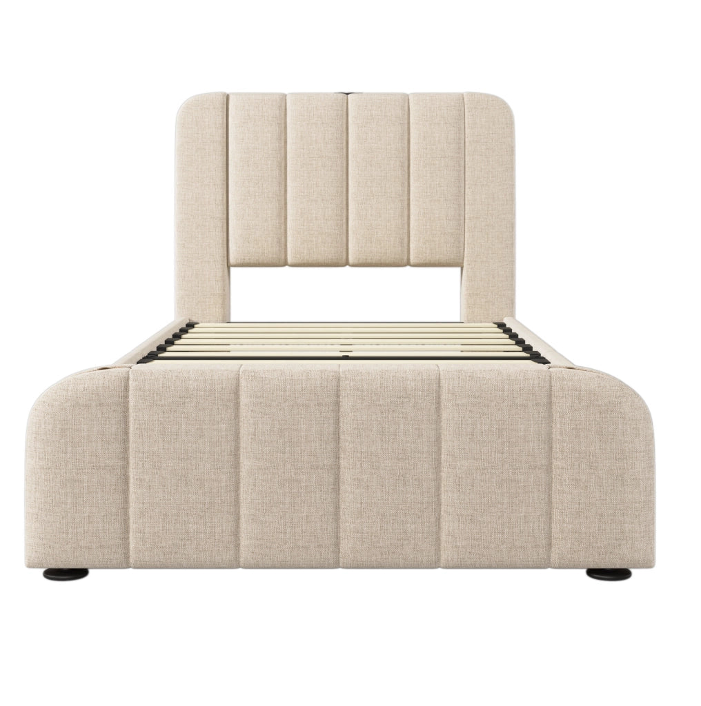 Letto singolo imbottito 90x200 cm in lino beige con 4 cassetti; USB e testiera con materasso